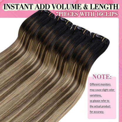 Clip-in Echthaar Extensions Balayage Schwarz Braun Blond 45cm