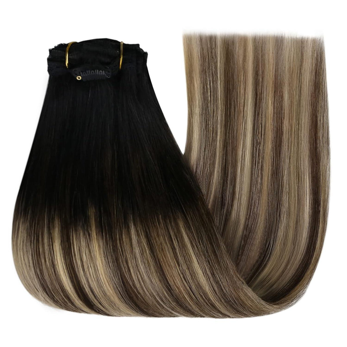 Clip-in Echthaar Extensions Balayage Schwarz Braun Blond 45cm