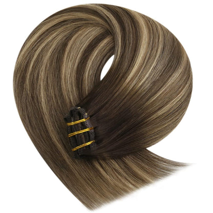 Echthaar Clip-in Extensions Ombre Dunkelbraun Karamellblond 50cm