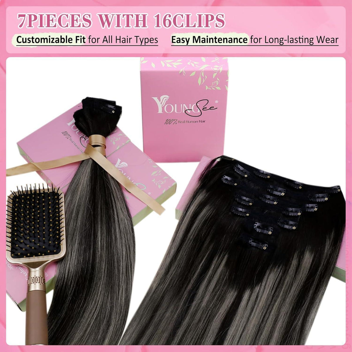 Echthaar Clip-in Extensions Ombre Schwarz Silber 55cm