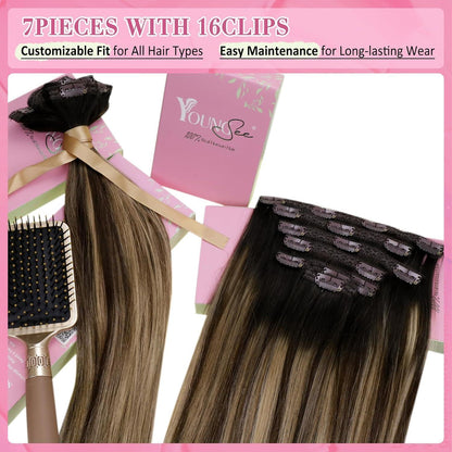 Clip-in Echthaar Extensions Ombre Schwarz Braun Blond 50cm