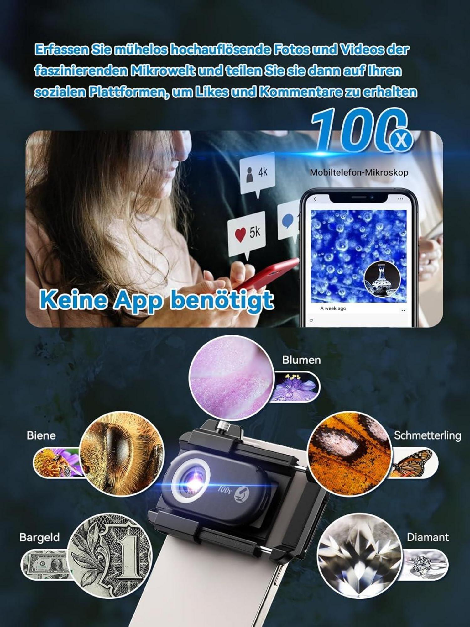 APEXEL 100X Mini-mikroskop Smartphone Kamera LED Helligkeit