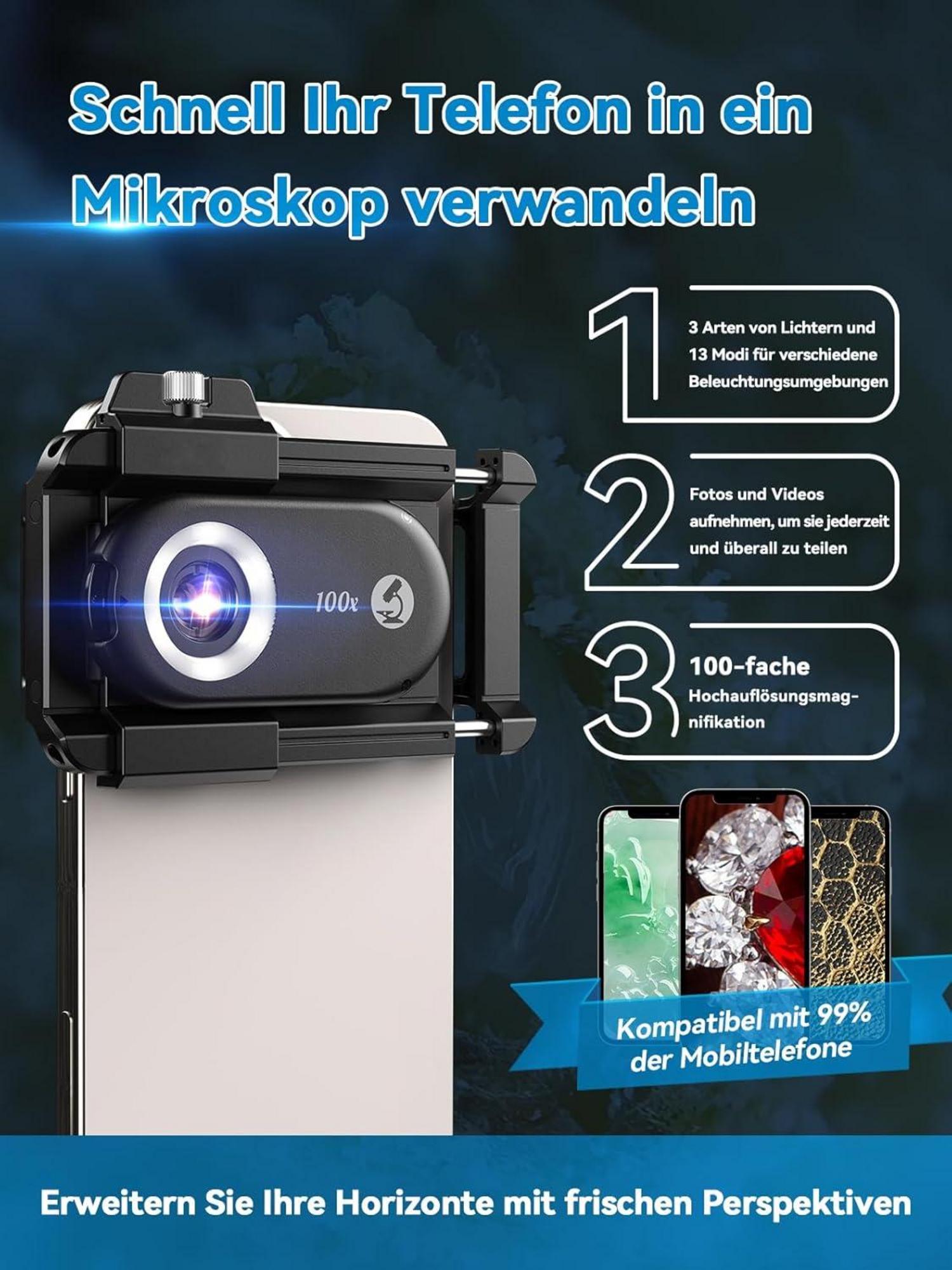 100X Mini-mikroskop für Smartphone-Kamera mit LED-Beleuchtung