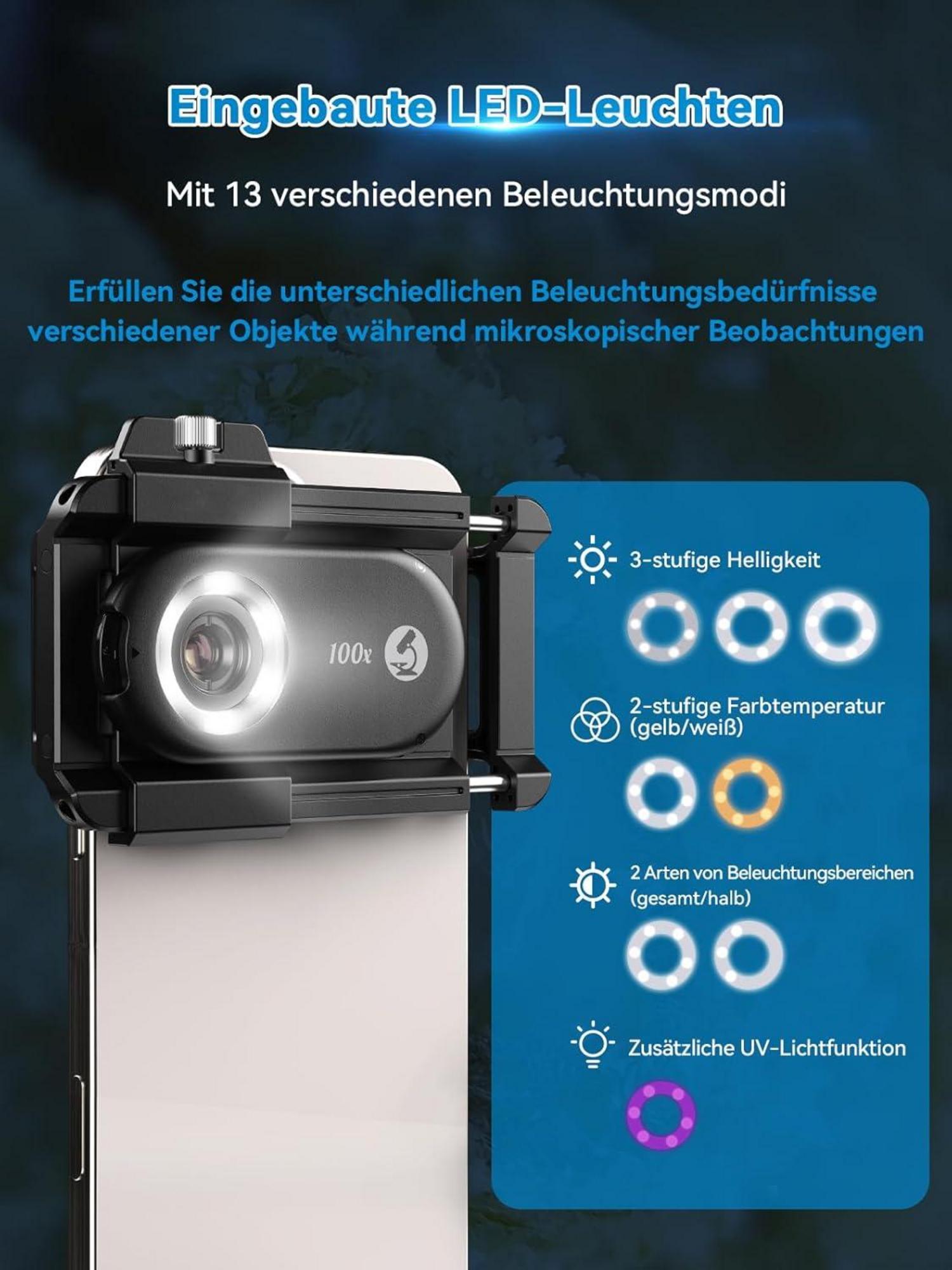 100X Mini-mikroskop für Smartphone-Kamera mit LED-Beleuchtung