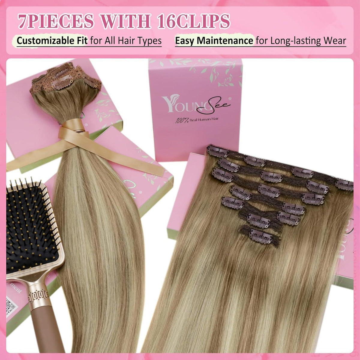Clip-in Echthaar Extensions Ombre Hellbraun-Blond 45cm