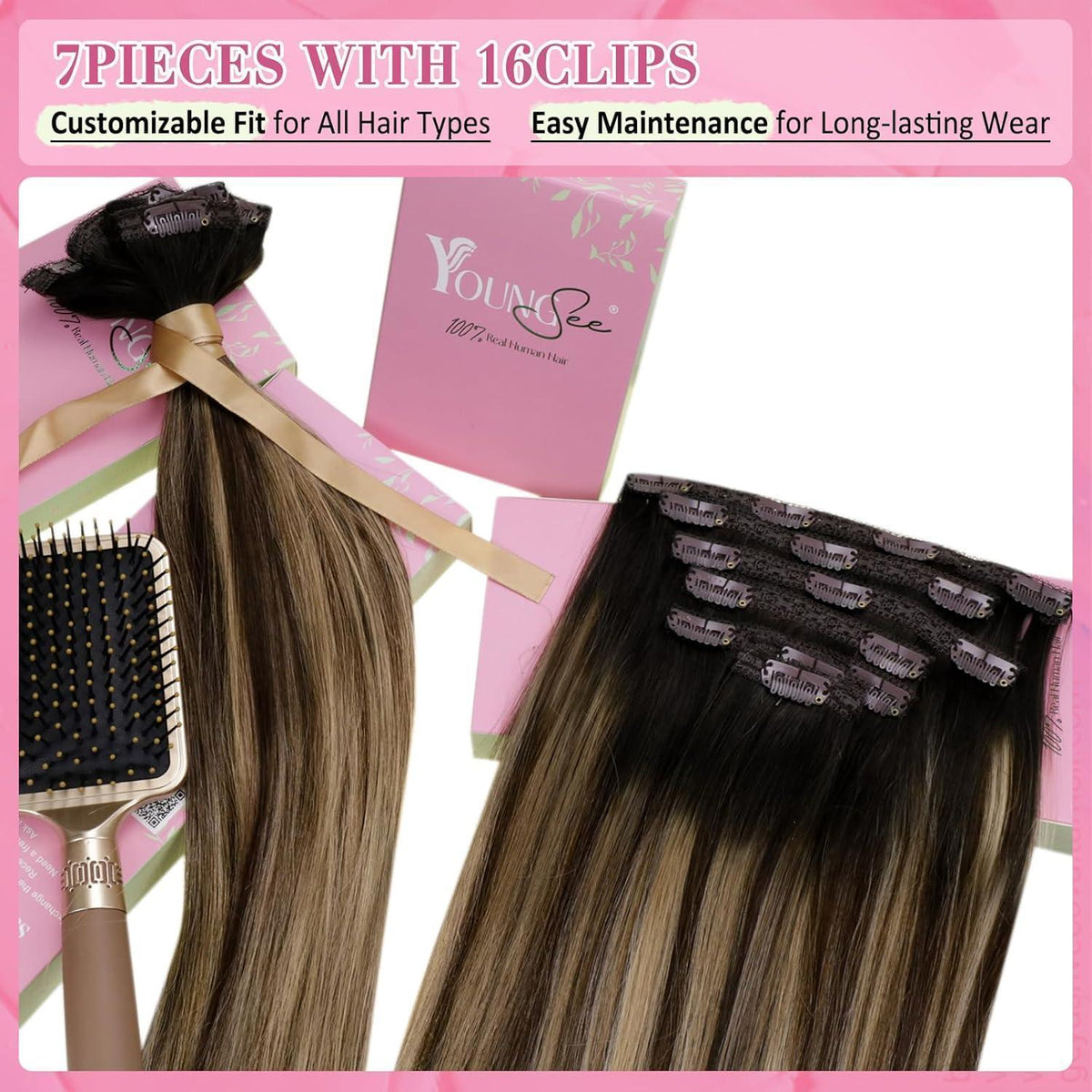Clip-in Echthaar Extensions Schwarz Braun Blond 55cm