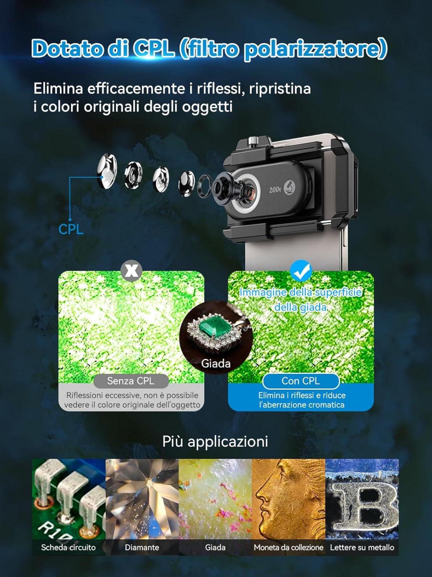 APEXEL 200X Mini-mikroskop für Smartphone-Kamera - Handy mikroskop - LED-Licht - CPL-Filter - Taschenformat - 46,5g