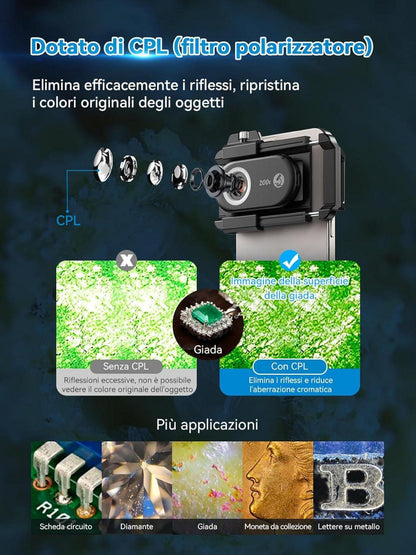 APEXEL 200X Mini-mikroskop für Smartphone-Kamera - Handy mikroskop - LED-Licht - CPL-Filter - Taschenformat - 46,5g