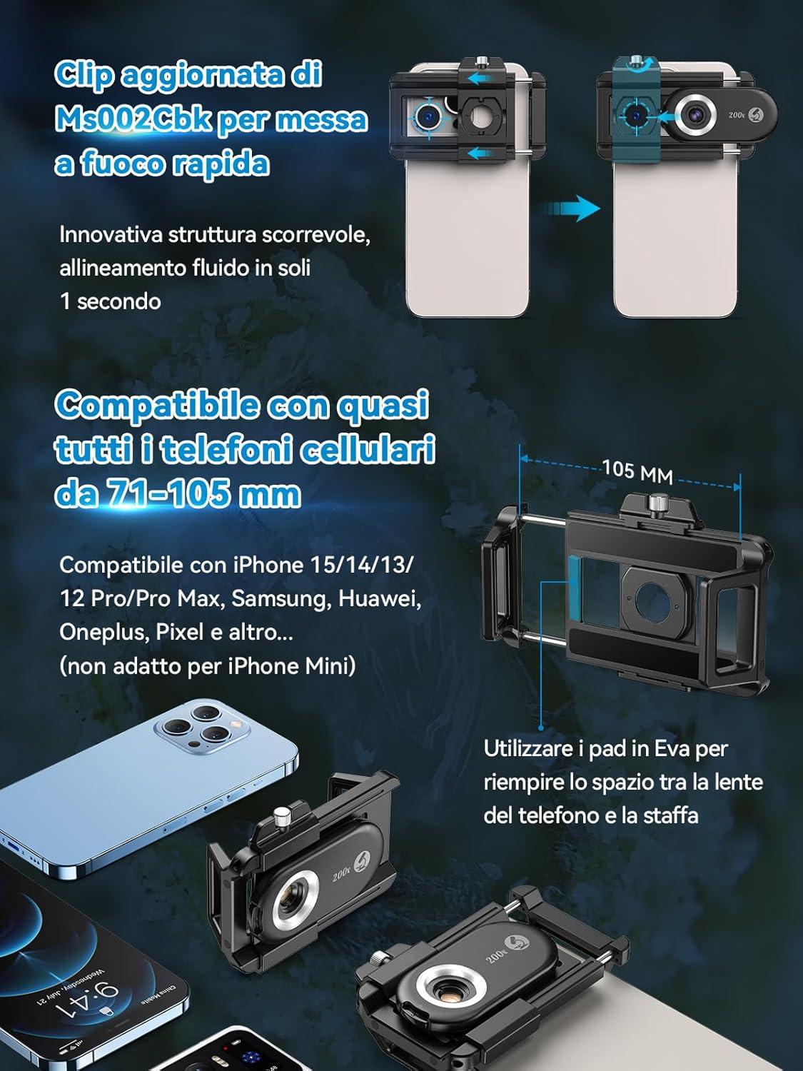 APEXEL 200X Mini-mikroskop für Smartphone-Kamera - Handy mikroskop - LED-Licht - CPL-Filter - Taschenformat - 46,5g