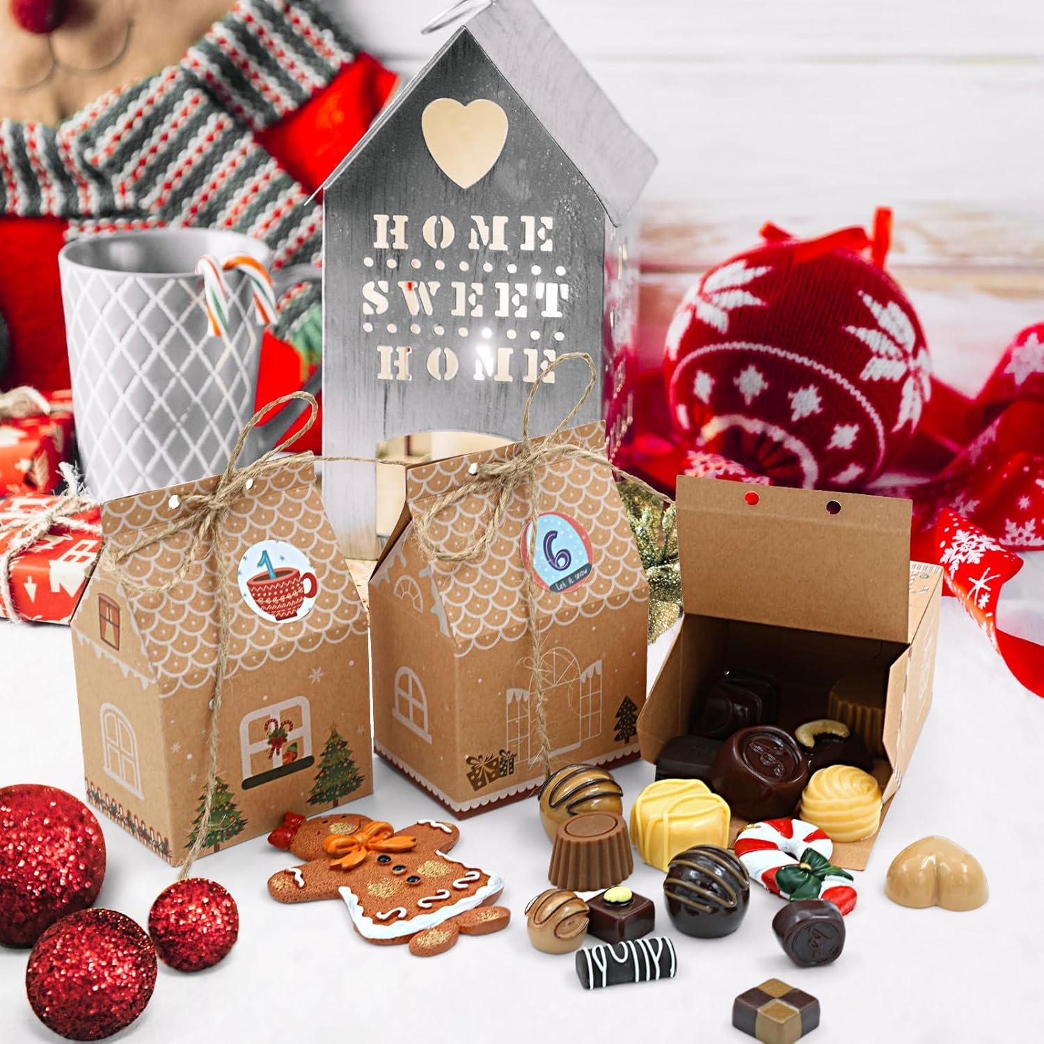 24 Stück Weihnachtskalender Geschenkschachtel Kraftpapier Aufkleber Hausform