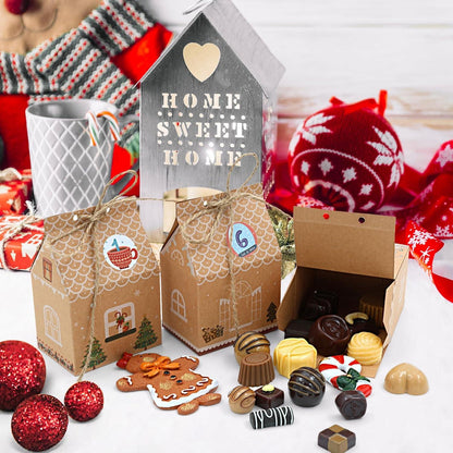 24 Stück Weihnachtskalender Geschenkschachtel Kraftpapier Aufkleber Hausform