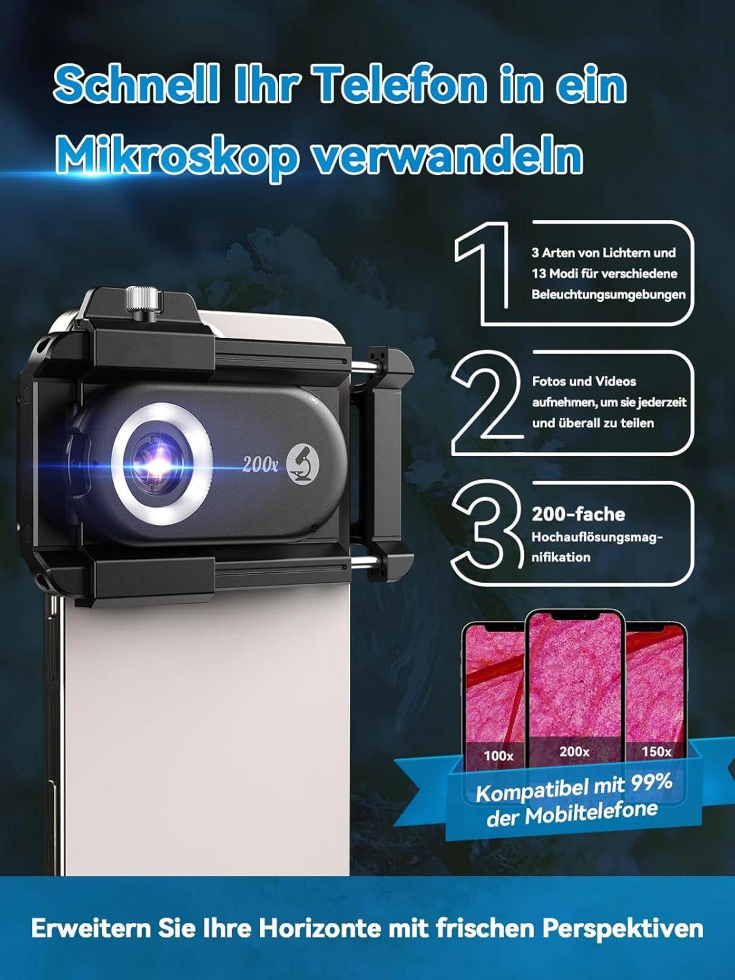 APEXEL 3-in-1 Mini-Mikroskop LED Smartphone Mikrokosmos 100-200X