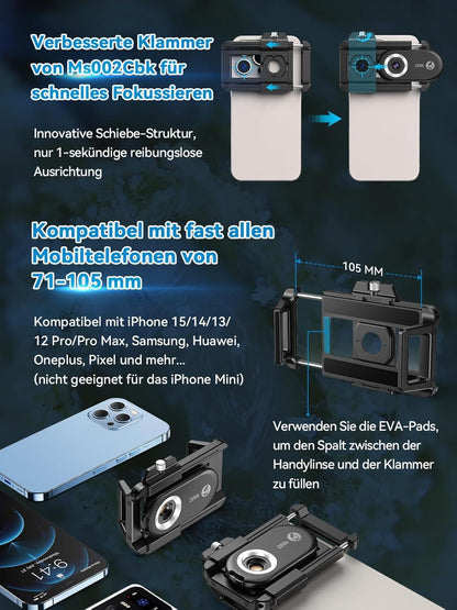 APEXEL 3in1 Mini-mikroskop für Smartphone-Kamera - LED-Lichter & CPL-Filter - 100X, 150X, 200X Vergrößerung