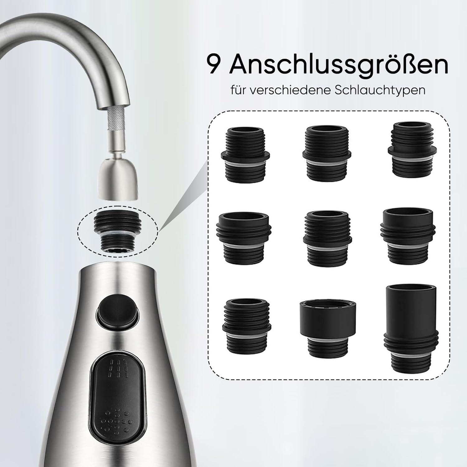 3 Modi Brausekopf Küchenarmatur Ersatz mit 9 Adaptern - Chrom