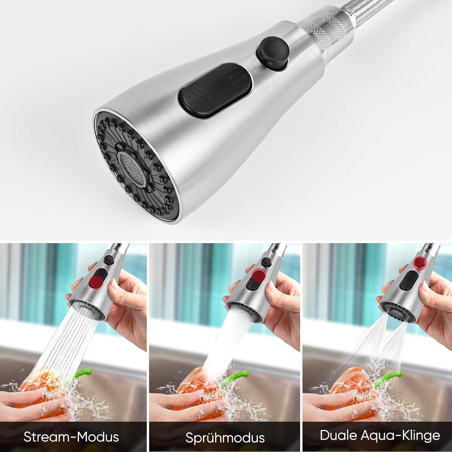 Cieex 3 Modi Brausekopf Küchenarmatur Ersatz, Pull Out Geschirrbrause mit 9 Adaptern, Chrom