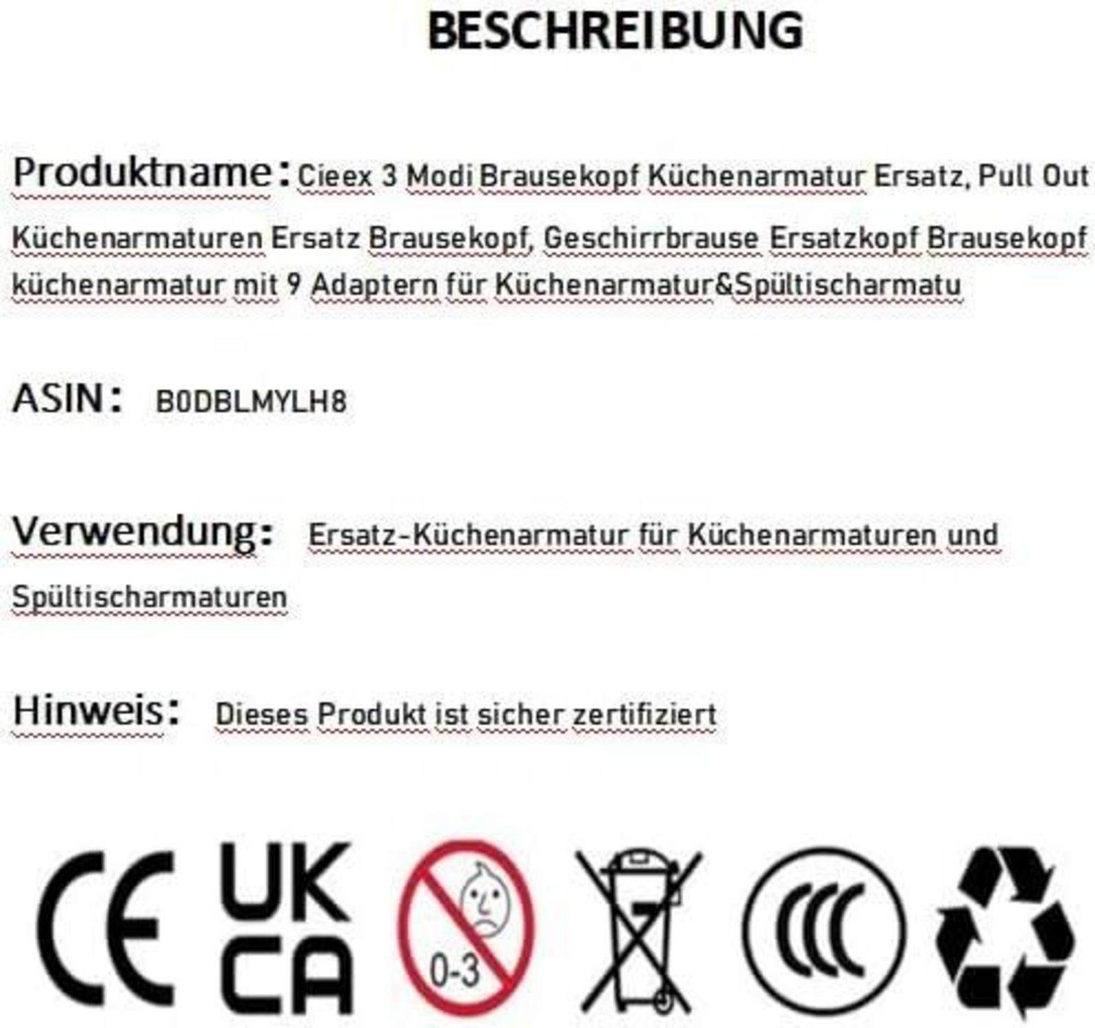 3 Modi Brausekopf Ersatz für Küchenarmatur Pull Out mit 9 Adaptern