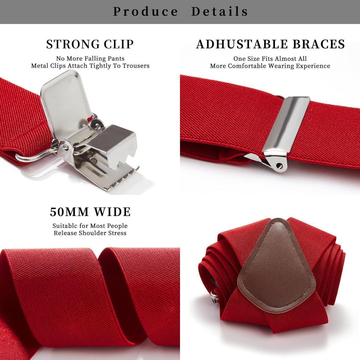 HISDERN Hosenträger Herren 5cm X-Form 4 Metall Clips Rot