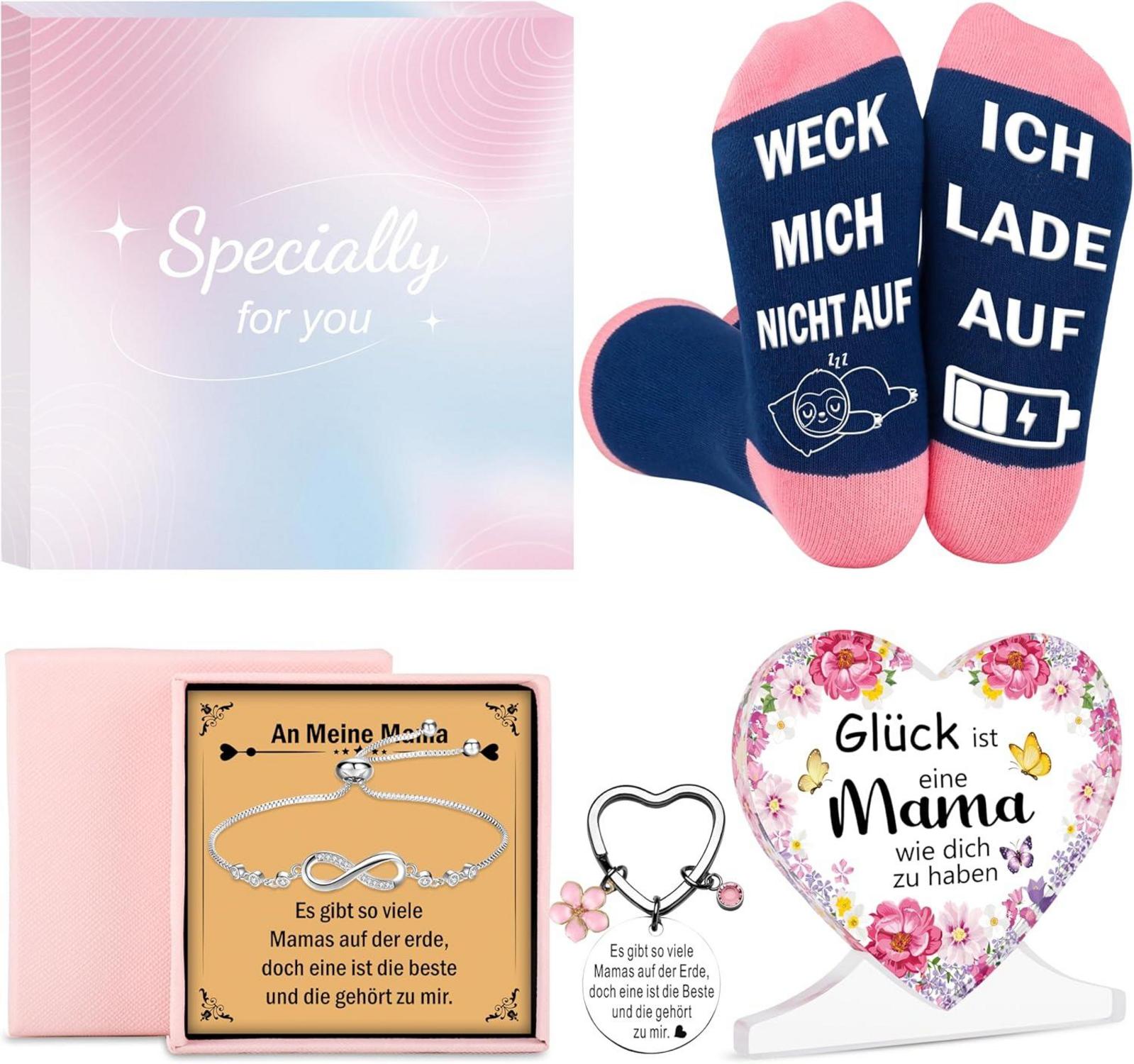 Schlüsselanhänger Mama Geschenk Set Acryl Deko Socken Armband Box
