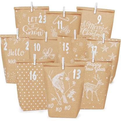 Adventskalender Tüten 24er Set Weihnachtsmotiv Kraftpapier