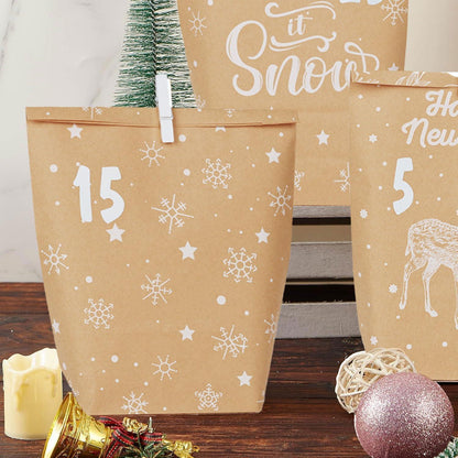 Adventskalender Tüten 24er Set Weihnachtsmotiv Kraftpapier