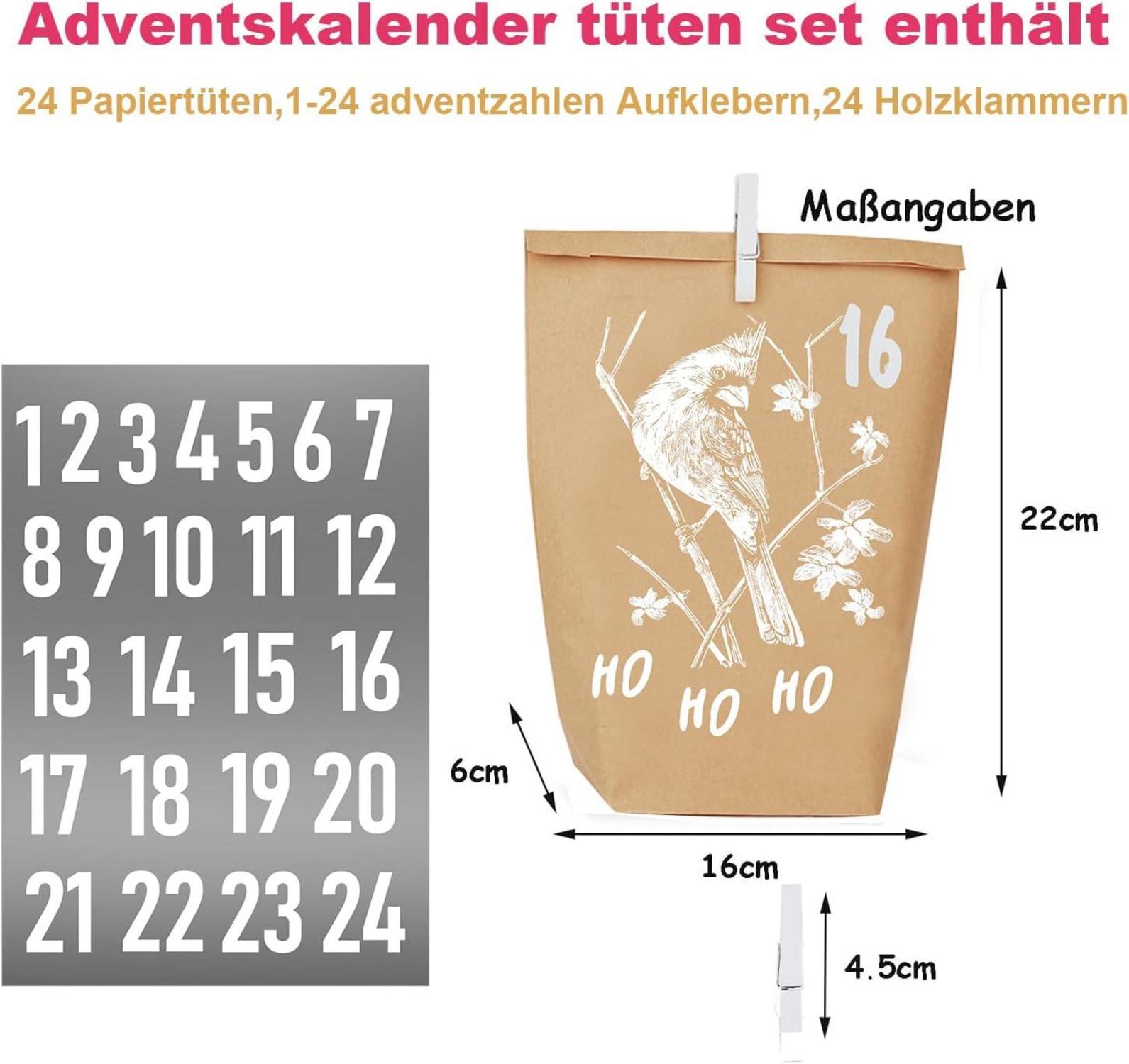 Adventskalender Tüten 24er Set Weihnachtsmotiv Kraftpapier