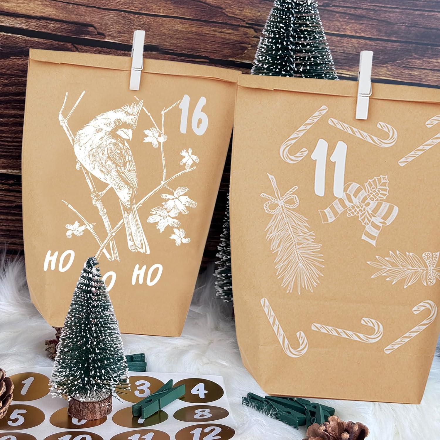 Adventskalender Tüten zum Befüllen mit Zahlenaufkleber und Klammern
