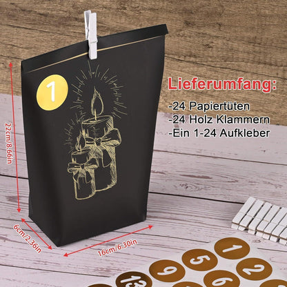 Adventskalender-Tüten Schwarzgold Weihnachtsmotiv DIY Set
