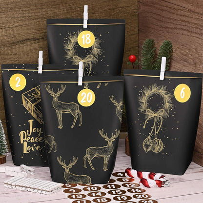 Adventskalender-Tüten Schwarzgold Weihnachtsmotiv DIY Set