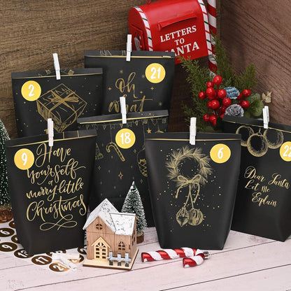 Adventskalender-Tüten Schwarzgold Weihnachtsmotiv DIY Set