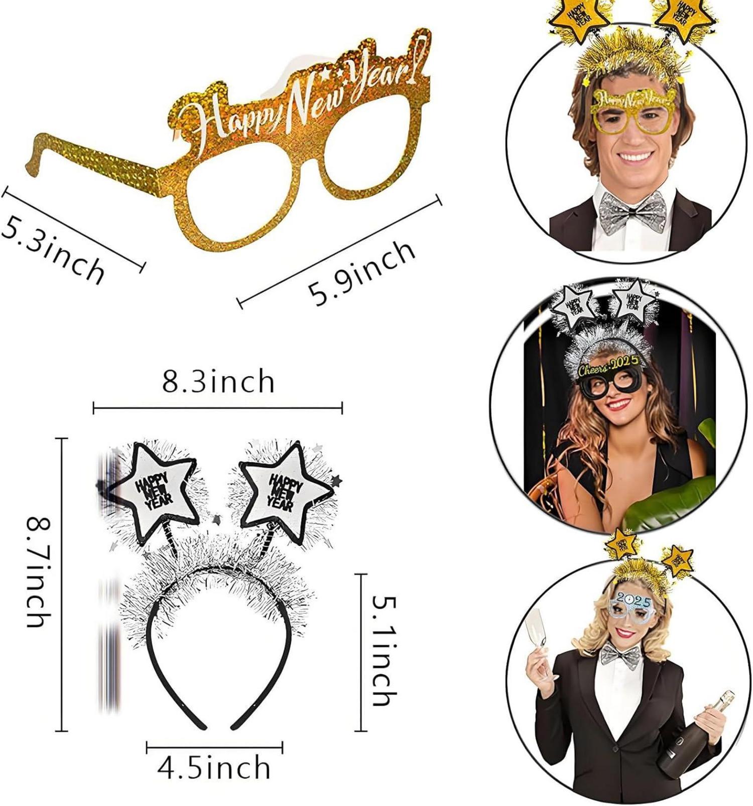 Silvester Deko 2025 Haarreif Brille Happy New Year Party Kostüm