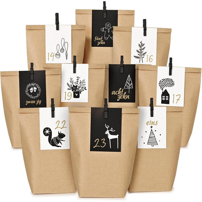 Adventskalender Tüten mit Visitenkarten - Kraftpapier