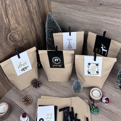Adventskalender Kraftpapiertüten mit Weihnachtskarten - Bastelset für