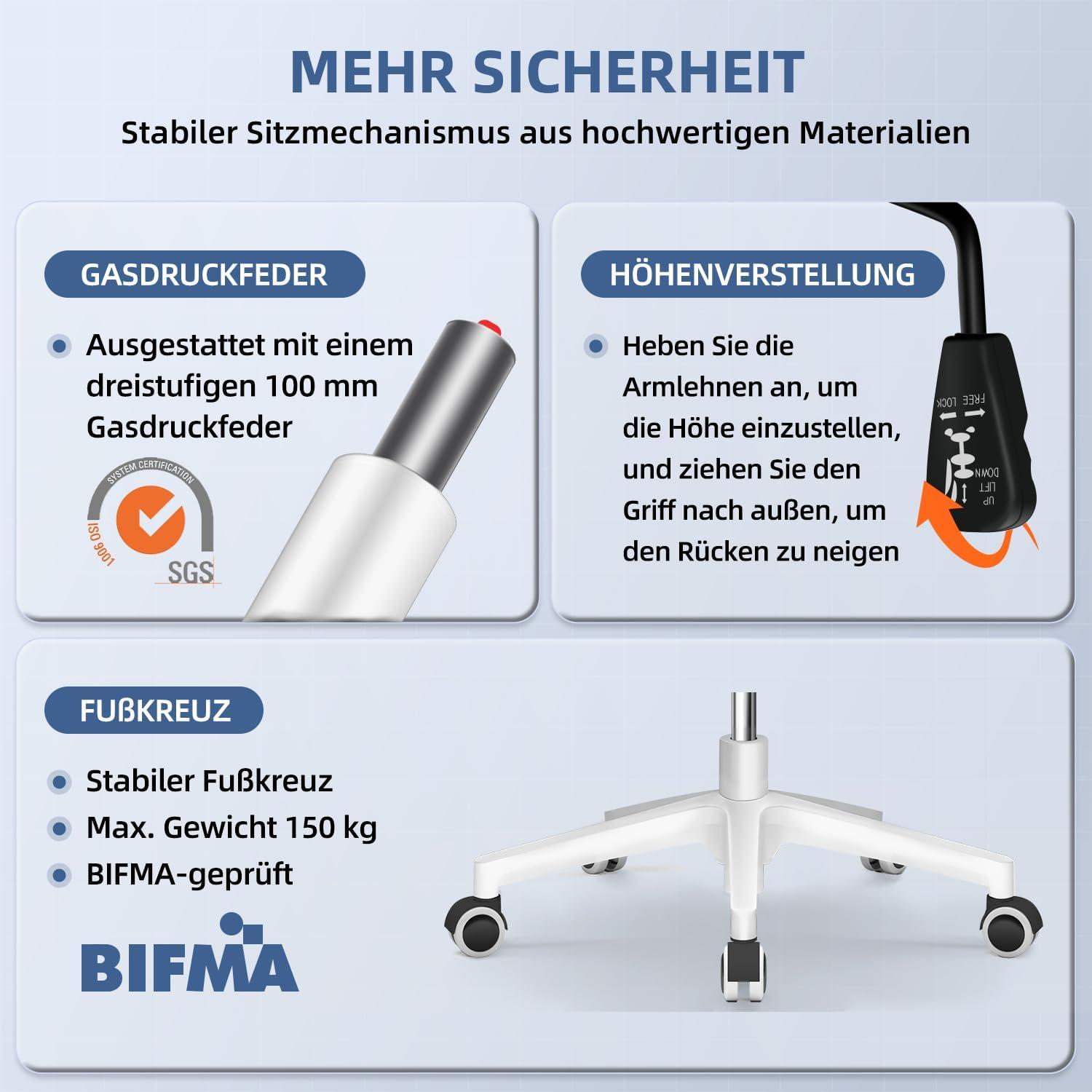 Ergonomischer Bürostuhl Lendenstütze Armlehnen Blau Wippfunktion