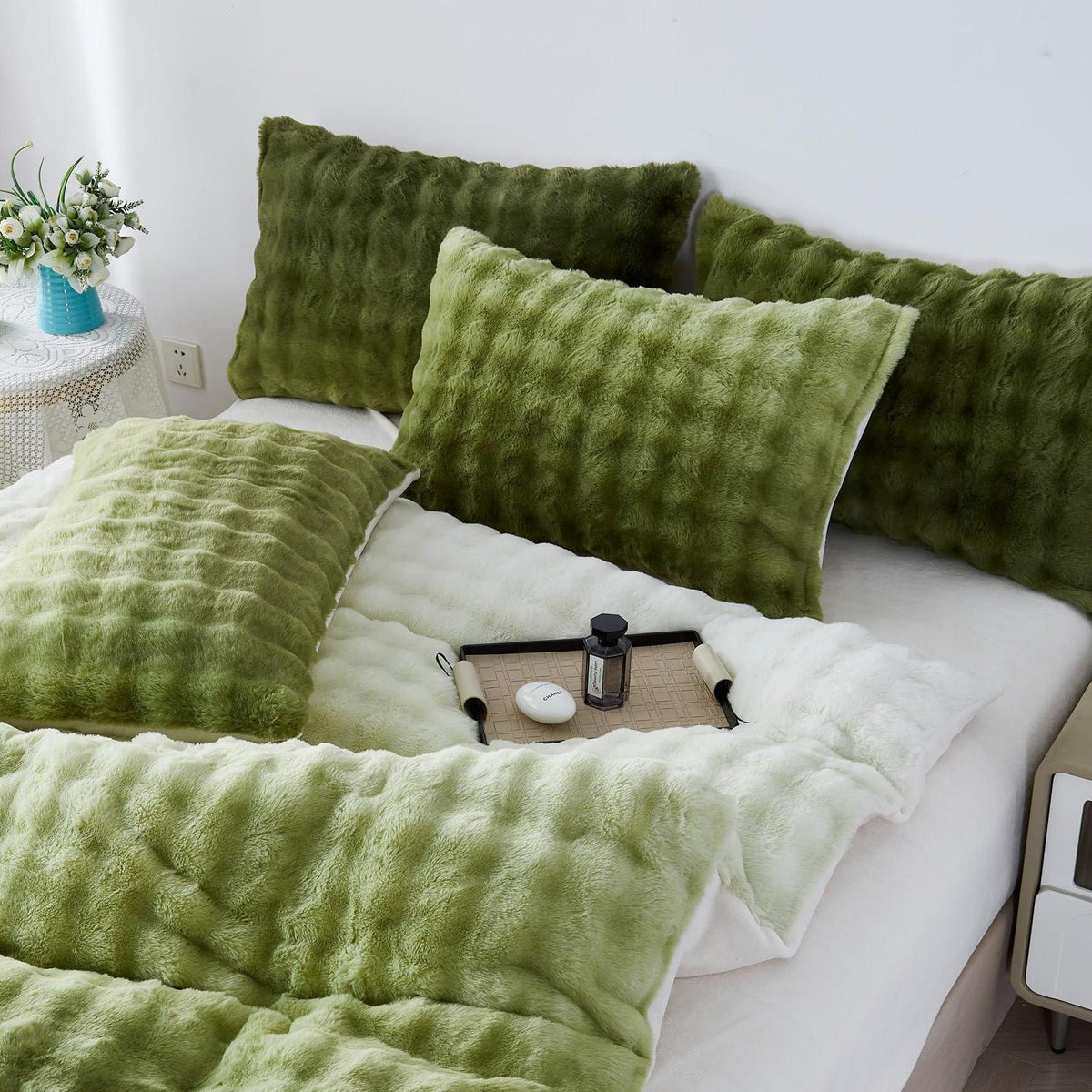 Plüsch Bettwäsche Set 220x240 Grün - Winterwarm & Kuschelig