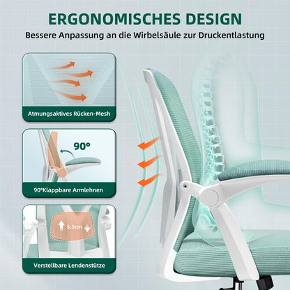 Ergonomischer Bürostuhl mit Wippfunktion und Lendenstütze, Blaugrün