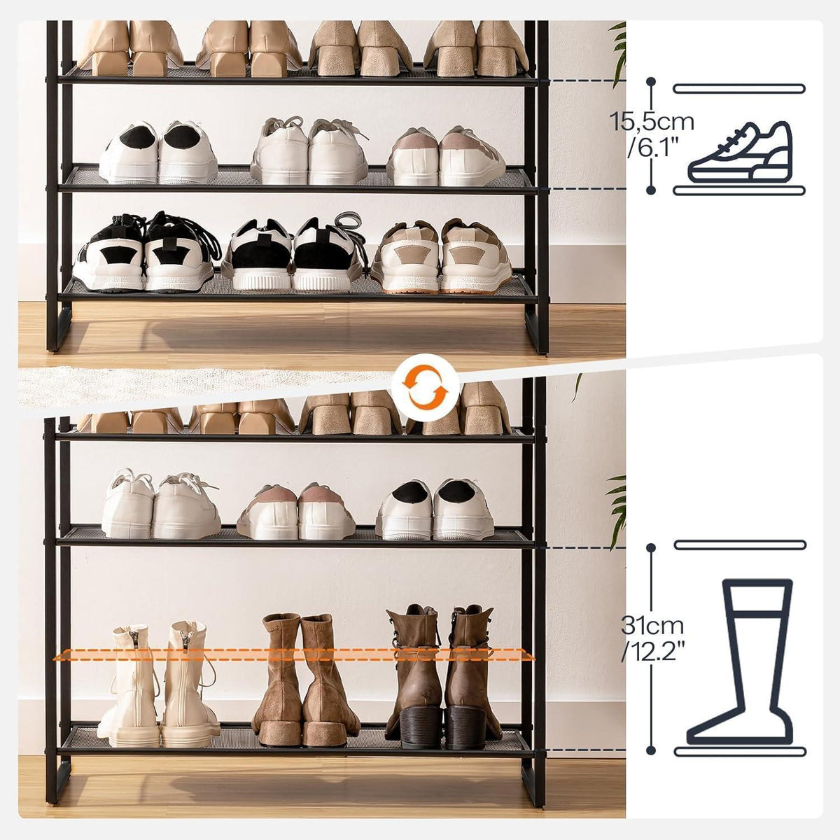 12-stöckiges Schuhregal, Greige-Schwarz, Industriestil
