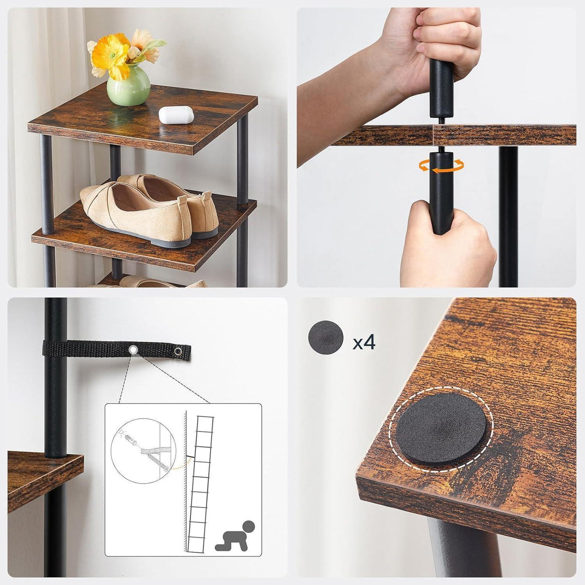 10-stöckiges Eck-Schuhregal, schmal, dunkelbraun-schwarz