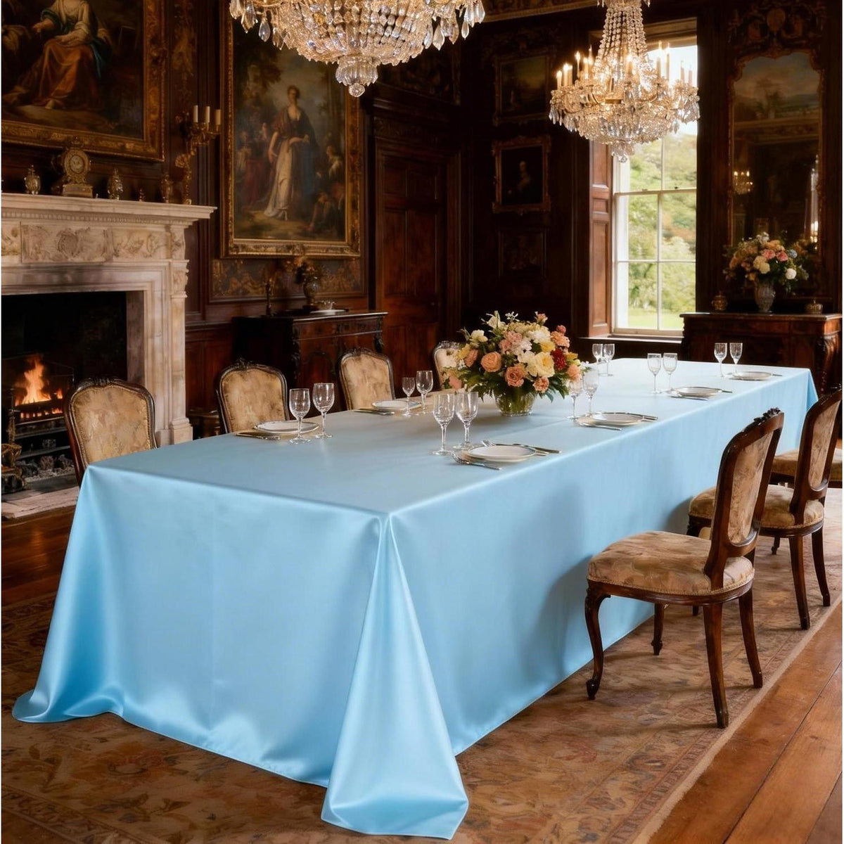 Runde Satin Tischdecke Blau – 320 cm Durchmesser