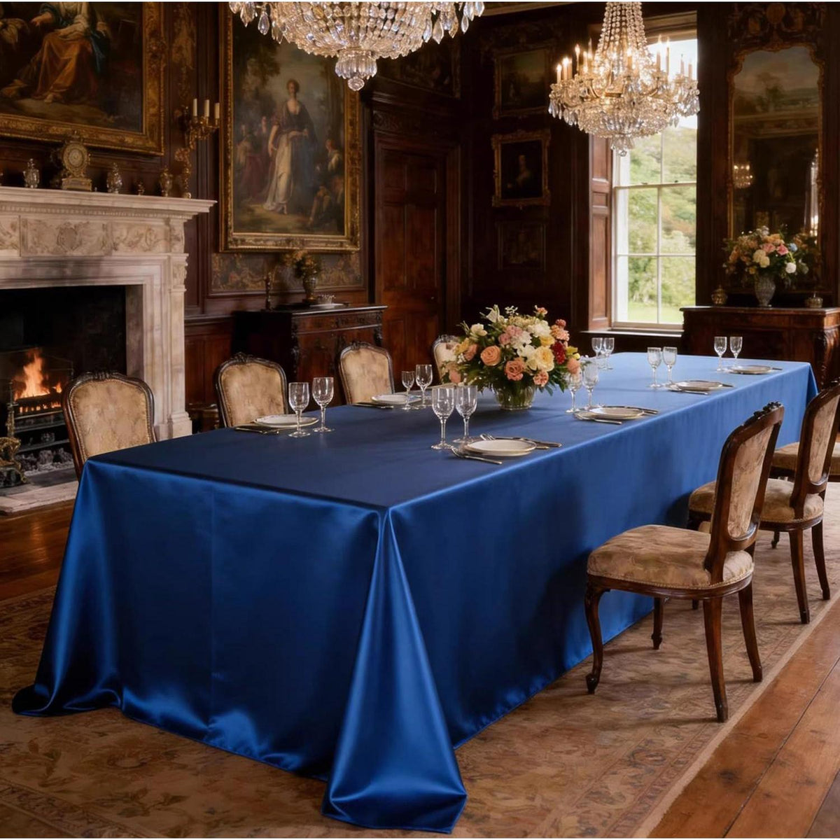 Runde Satin Tischdecke Blau – 320 cm Durchmesser