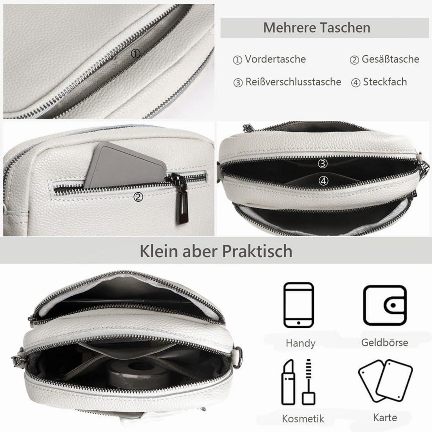 Damen Umhängetasche Echtes Leder Crossbody Bag Breiter Schultergurt 3 Fächer