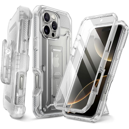 iPhone 16 Pro Hülle 6.3" Outdoor Schutzhülle mit Ständer & Gürtelclip (Durchsichtig)