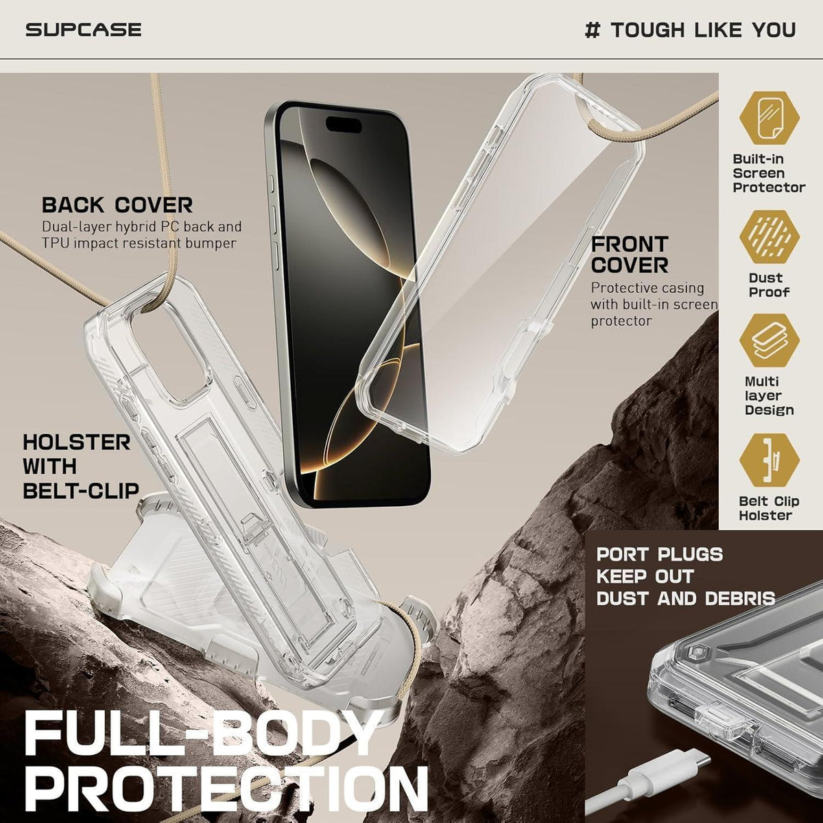 iPhone 16 Pro Hülle 6.3" Outdoor Schutzhülle mit Ständer & Gürtelclip (Durchsichtig)
