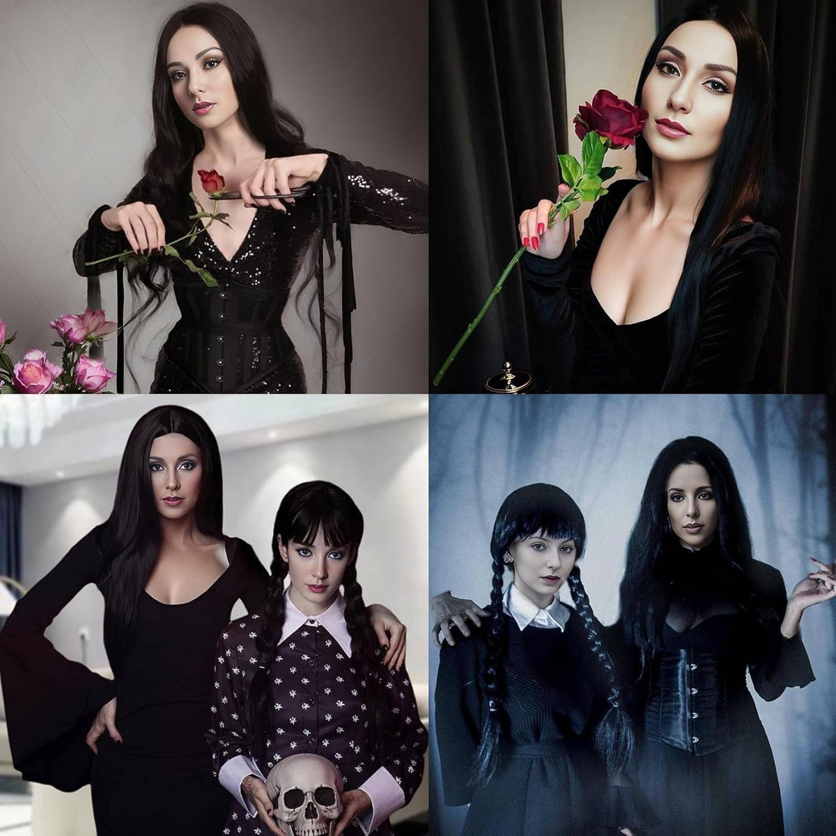 Schwarze lange Perücke Damen Halloween Kostüm Addams Wednesday