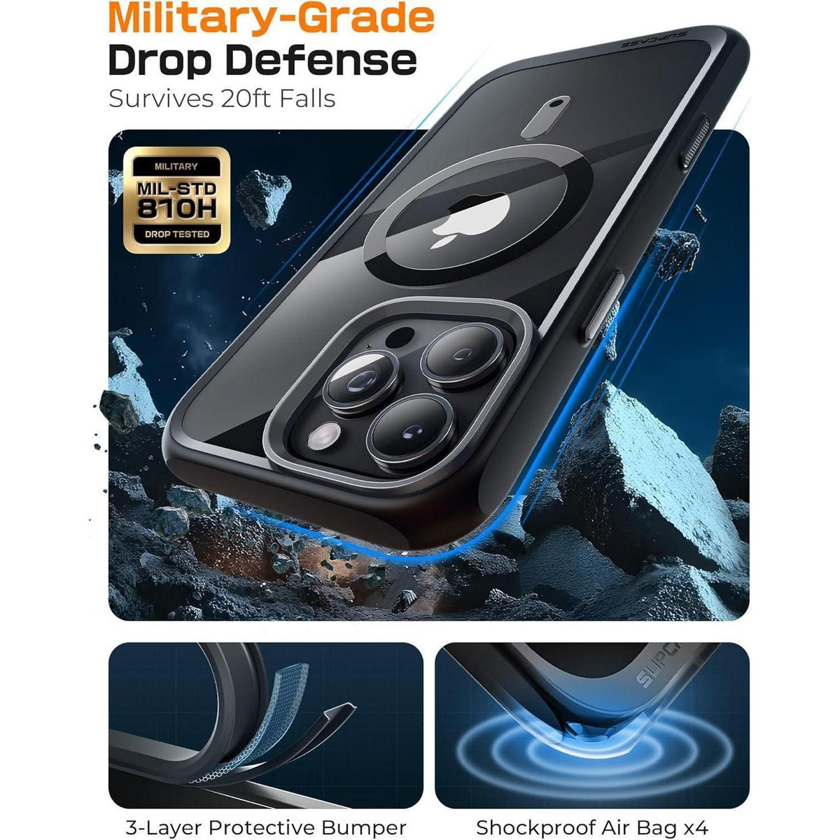 iPhone 16 Pro Hülle MagSafe Transparent Militärschutz Schwarz
