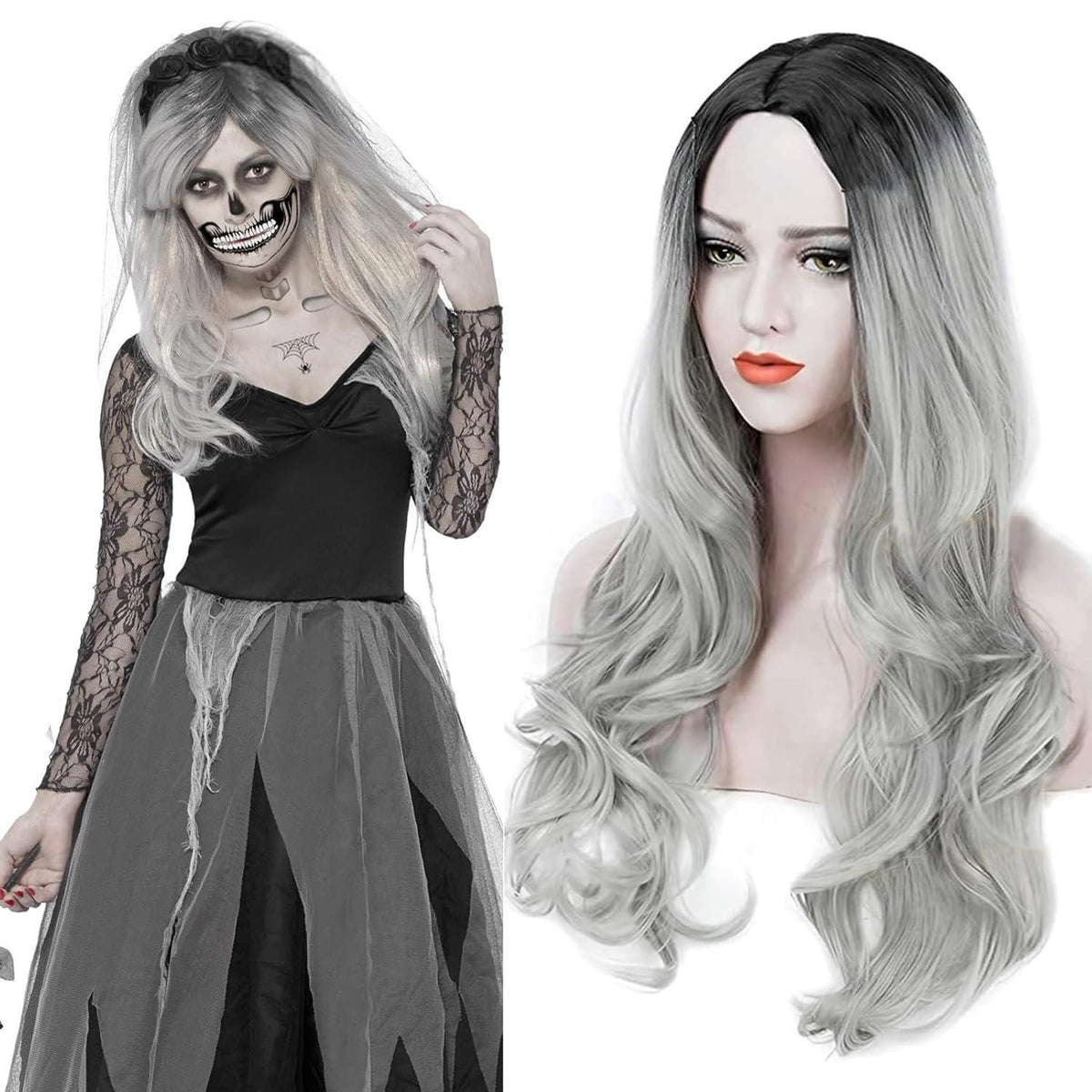 Lange graue gewellte Perücke Halloween Kostüm Damen