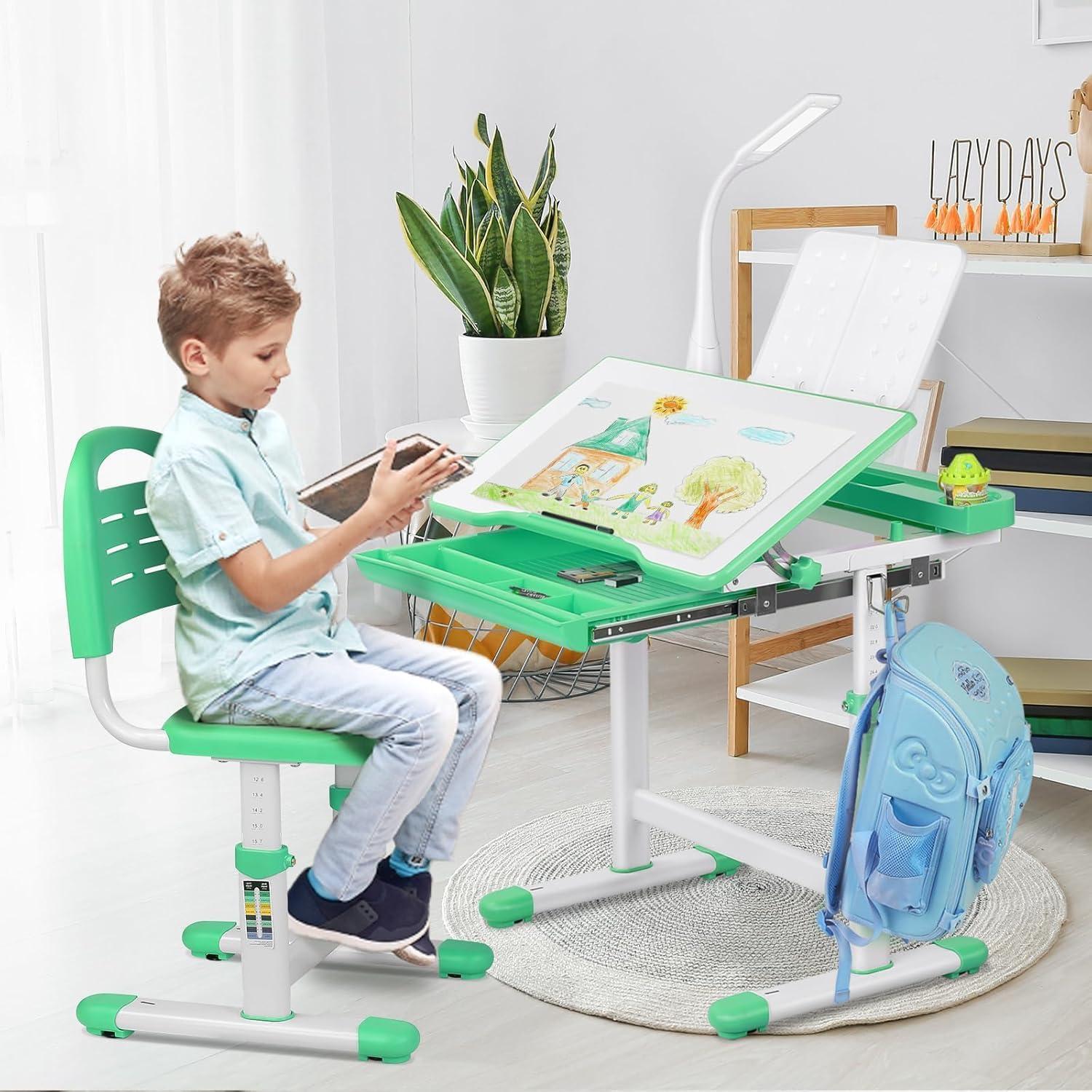 Kinder Schreibtisch und Stuhl Set Höhenverstellbar Grün