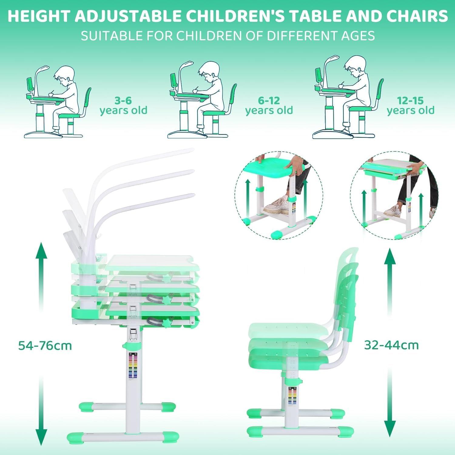 Kinder Schreibtisch und Stuhl Set mit Lampe und Leseständer GrüN