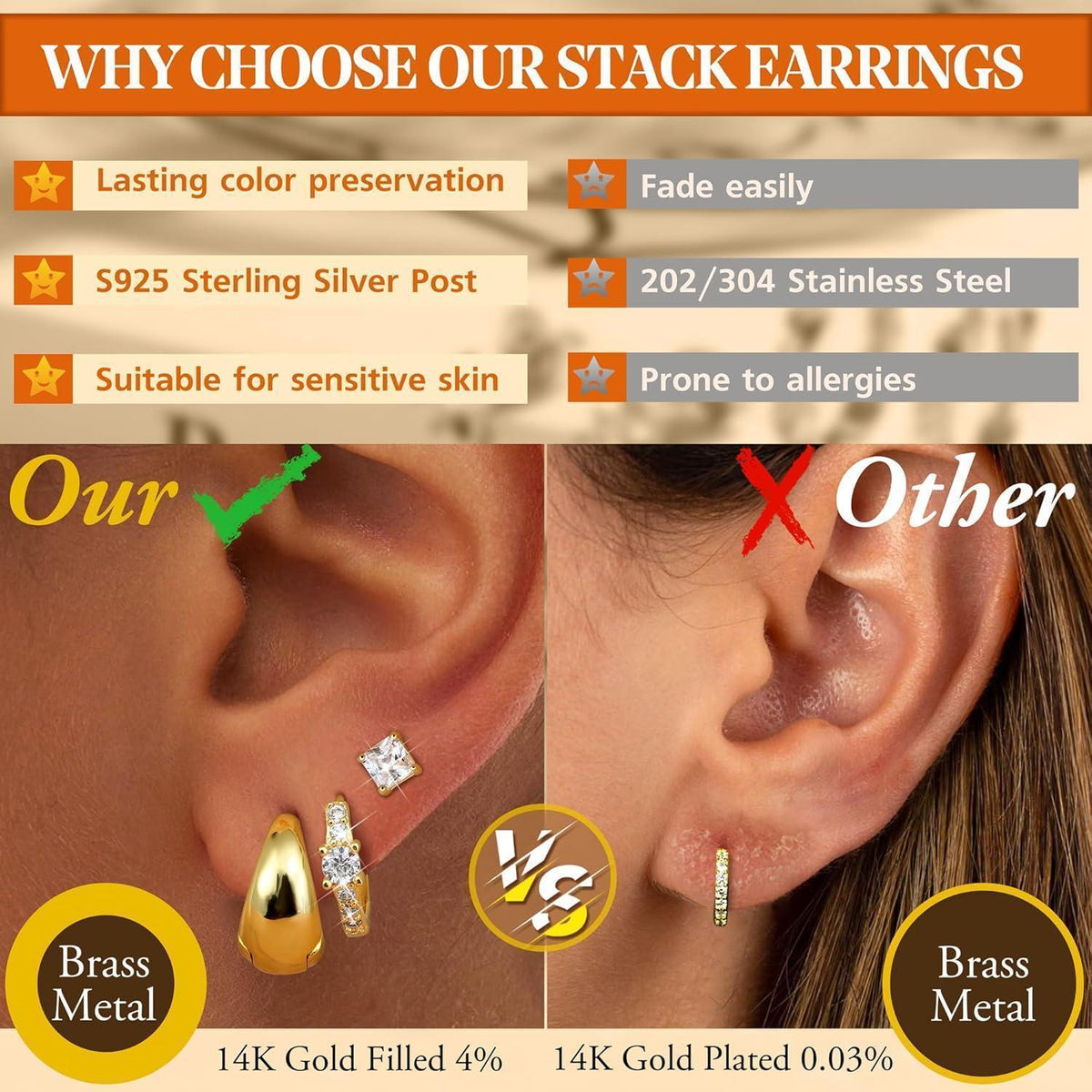 3 Paar Ohrringe Silber/Gold 925 Sterling Silber Creolen & Stecker