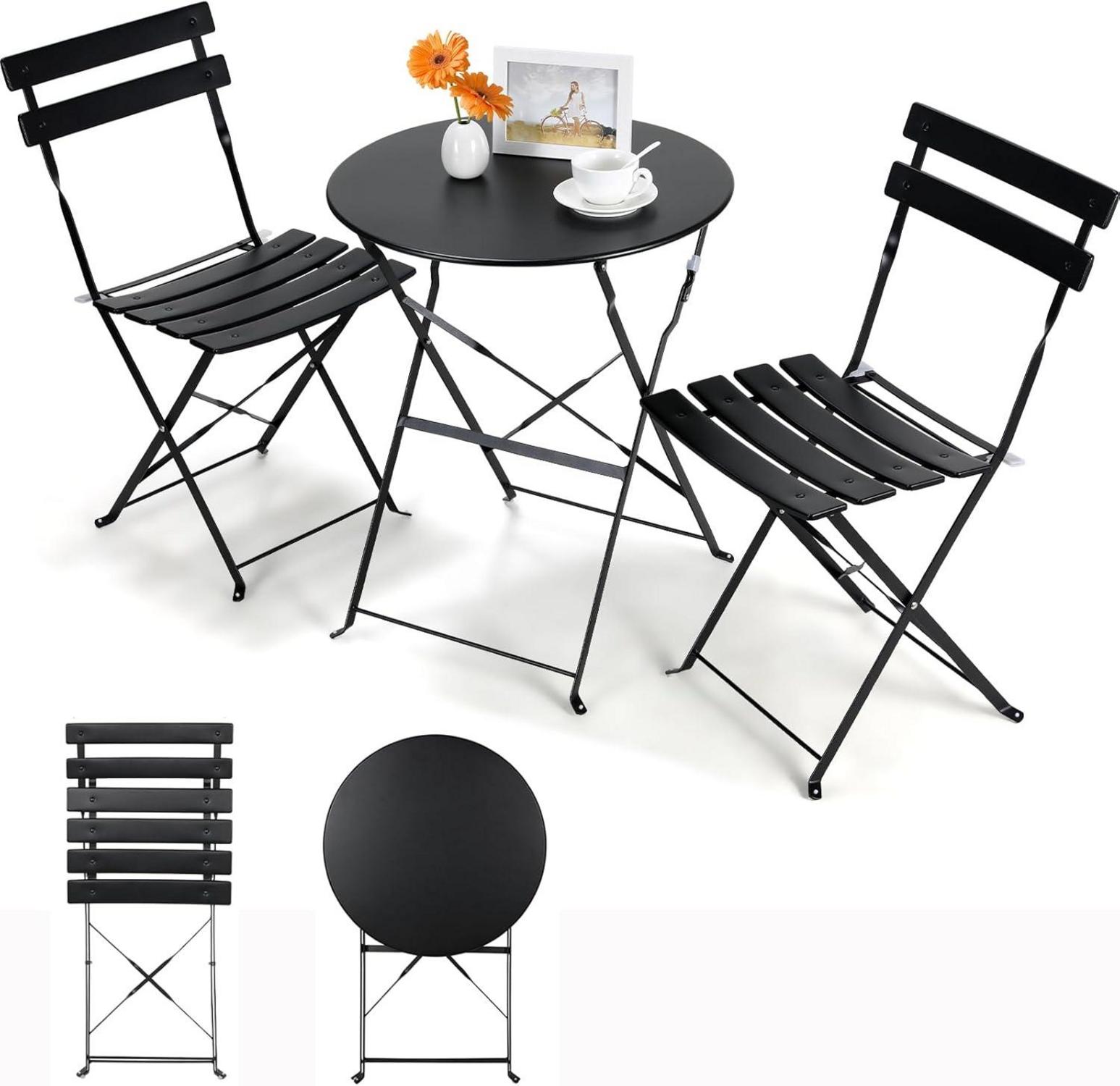 Balkonmöbel Set 3 teilig Schwarz Metall Klappbar