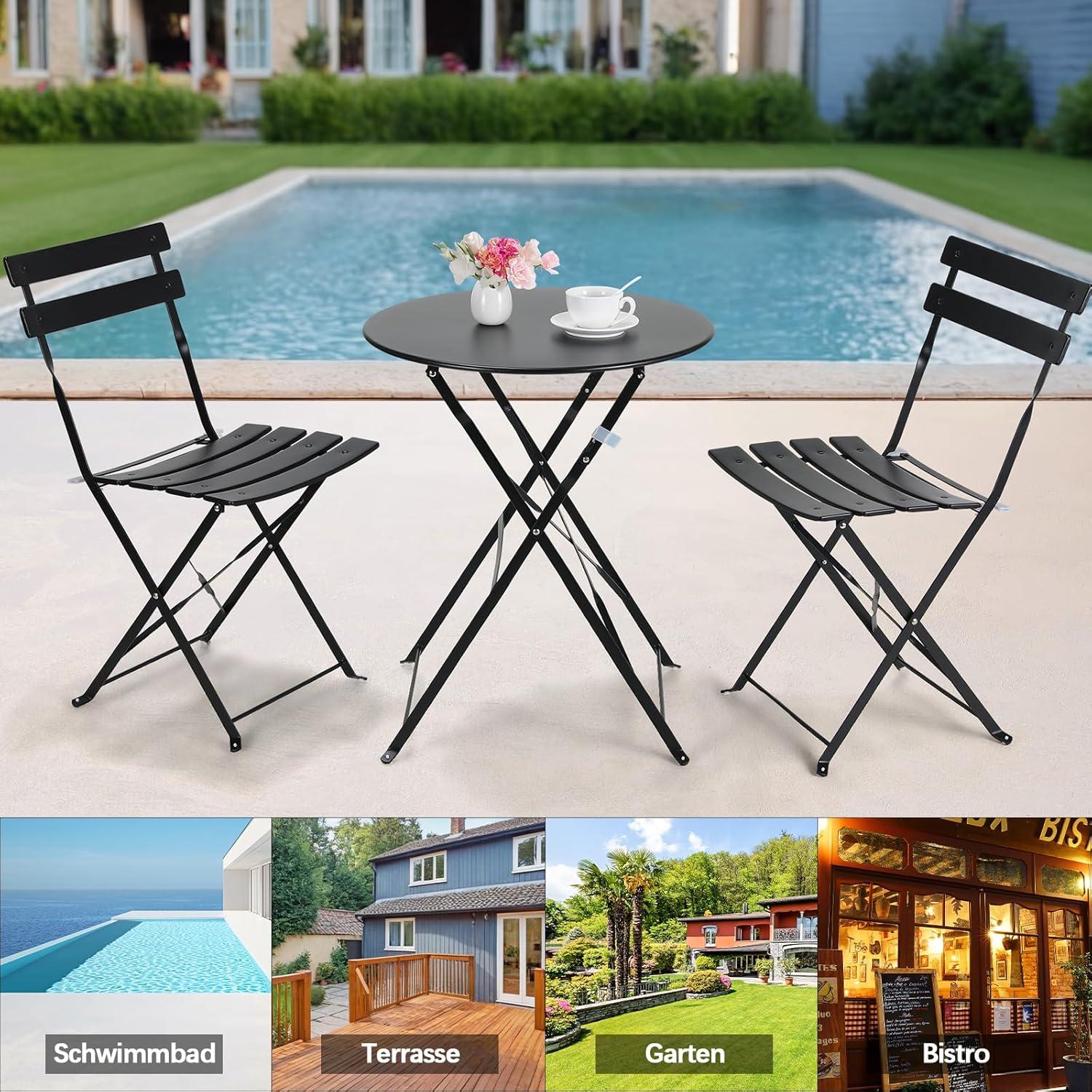 Balkonmöbel Set 3tlg. Klappbar Bistro Gartenmöbel Metall Schwarz